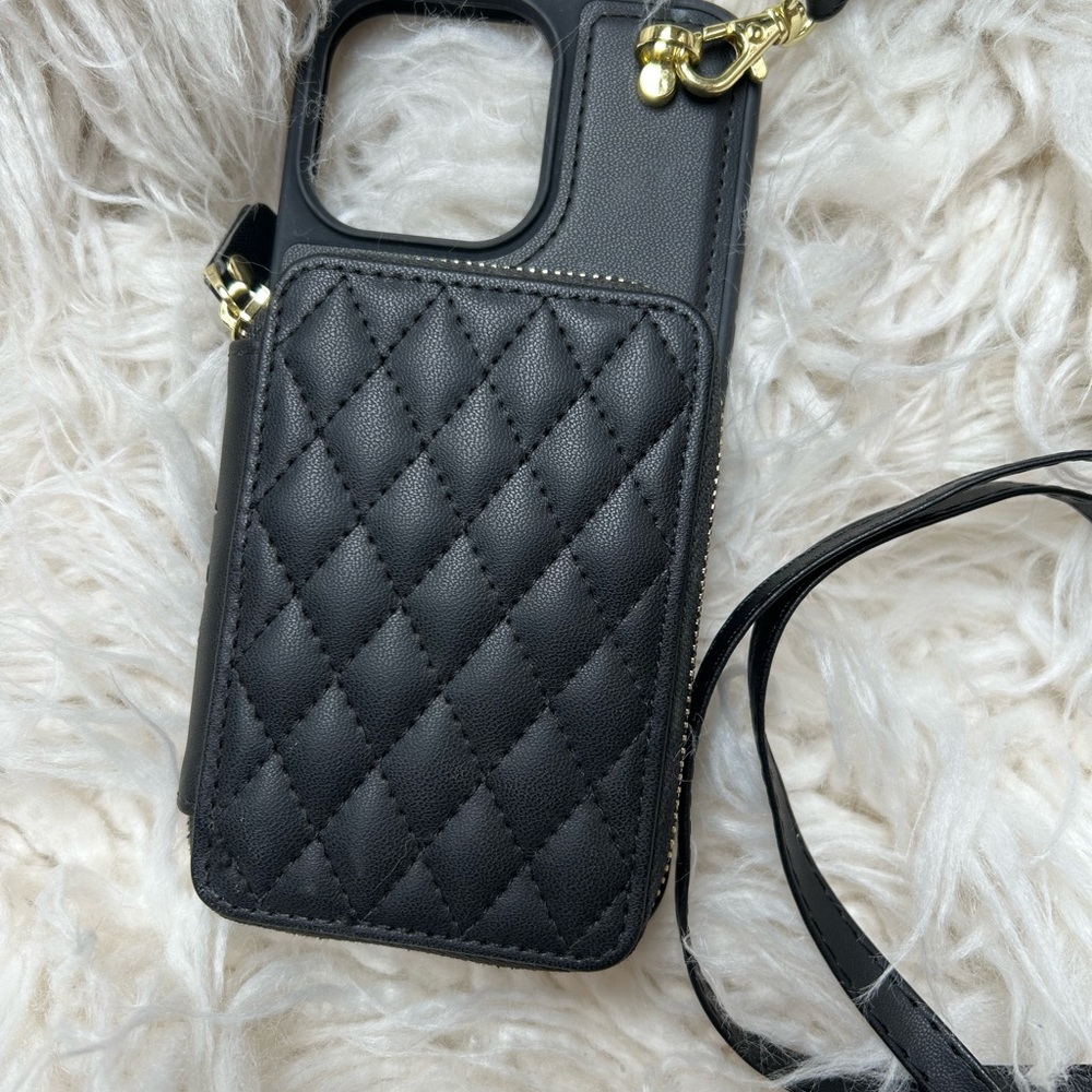 Black Quilted Crossbody Phone Case with Gold Hardware